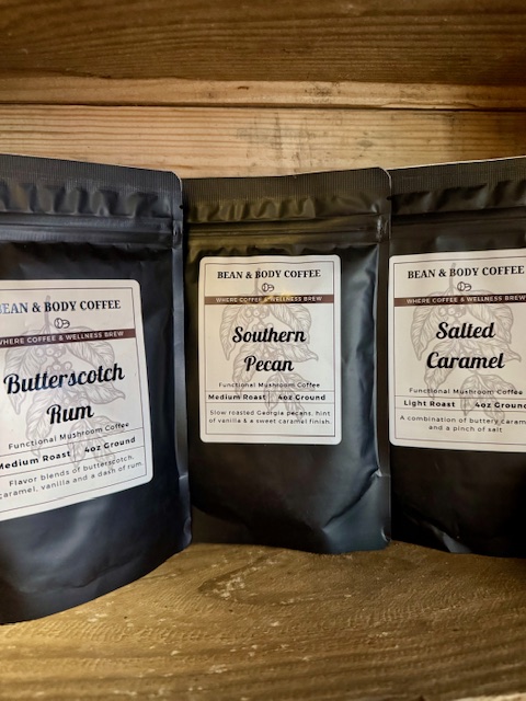 Mushroom Coffee Flavors - Butterscotch Rum, Southern Pecan and Salted Caramel