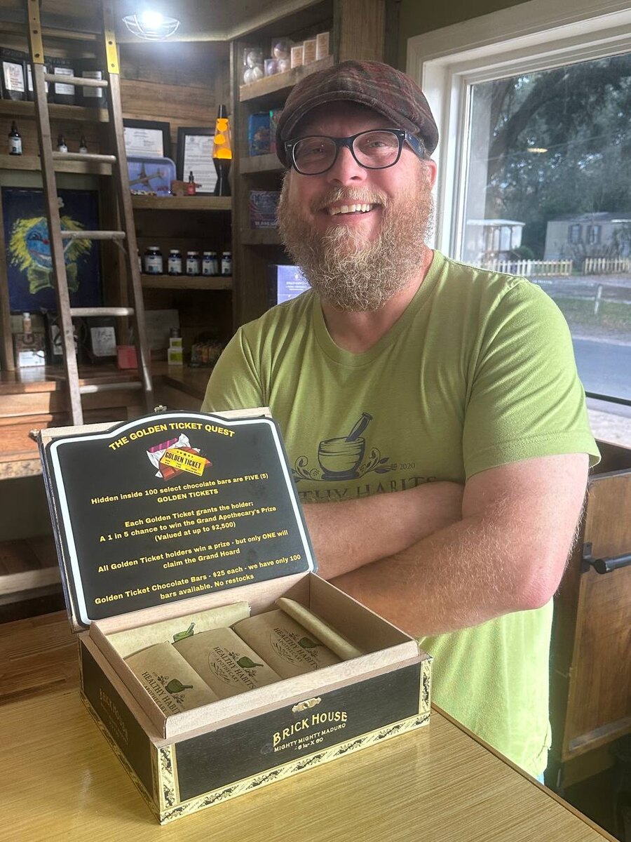 Golden Ticket promotion display inside Healthy Habits Apothecary